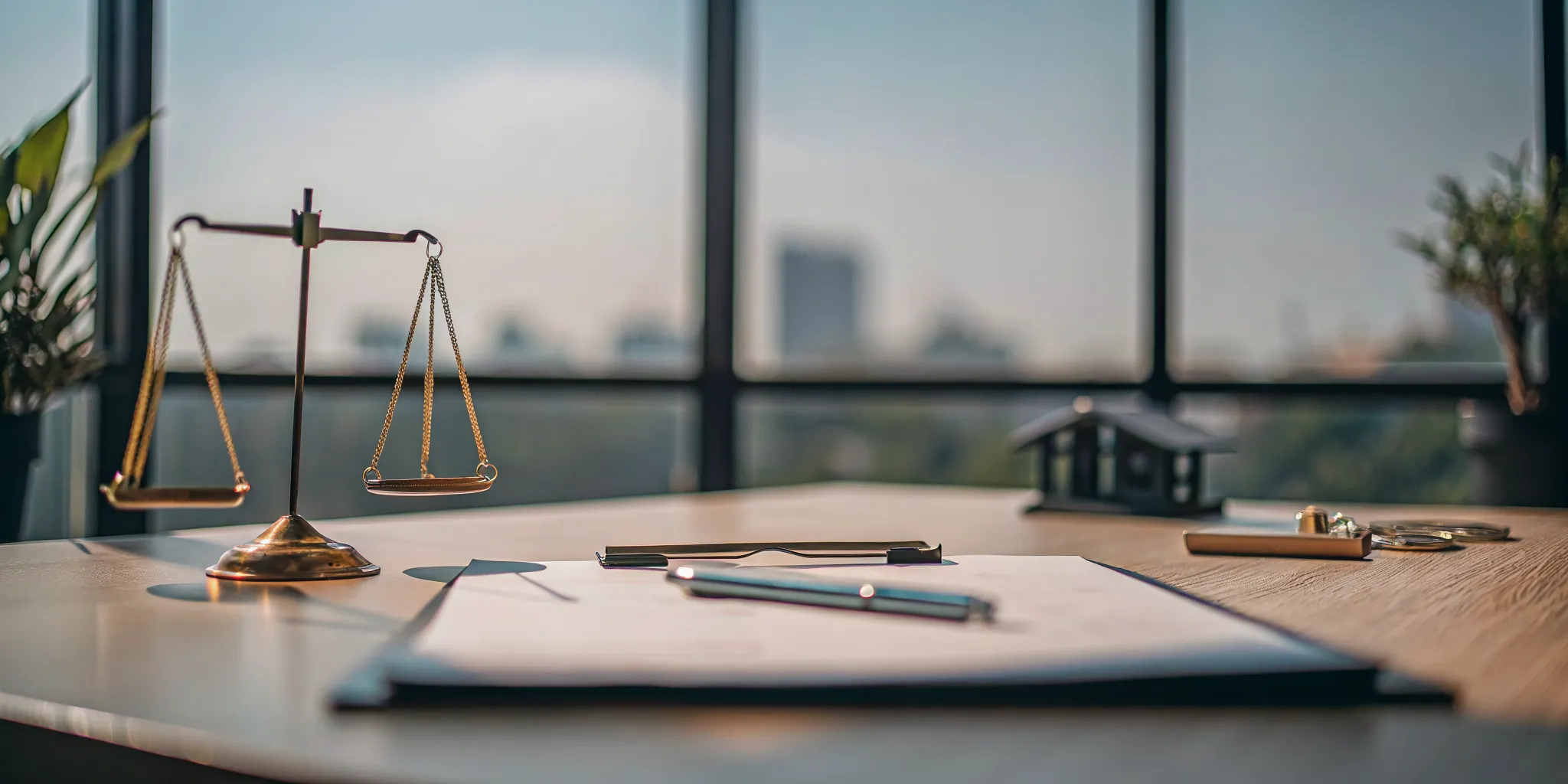 Scales of justice on a bank desk with documents for escrow services.