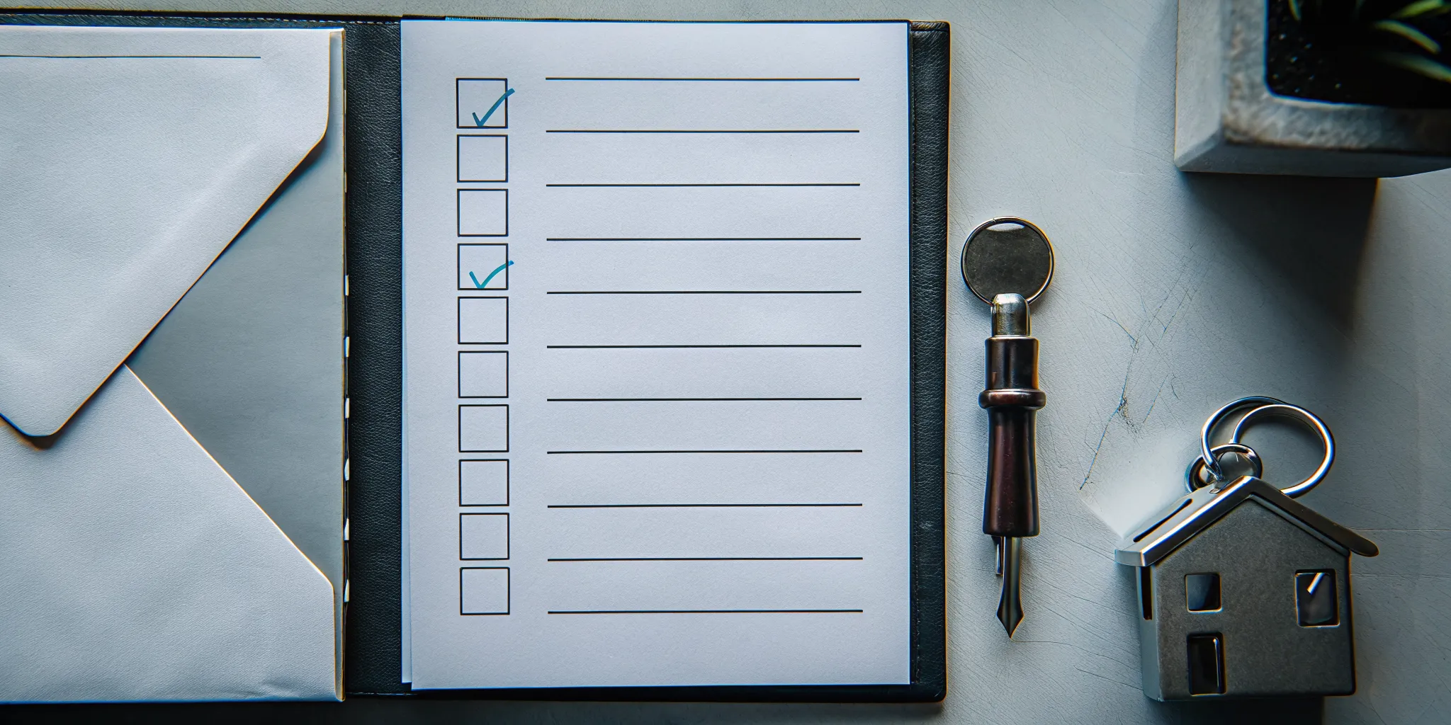 Checklist for escrow closing notice requirements with a house key and envelope.
