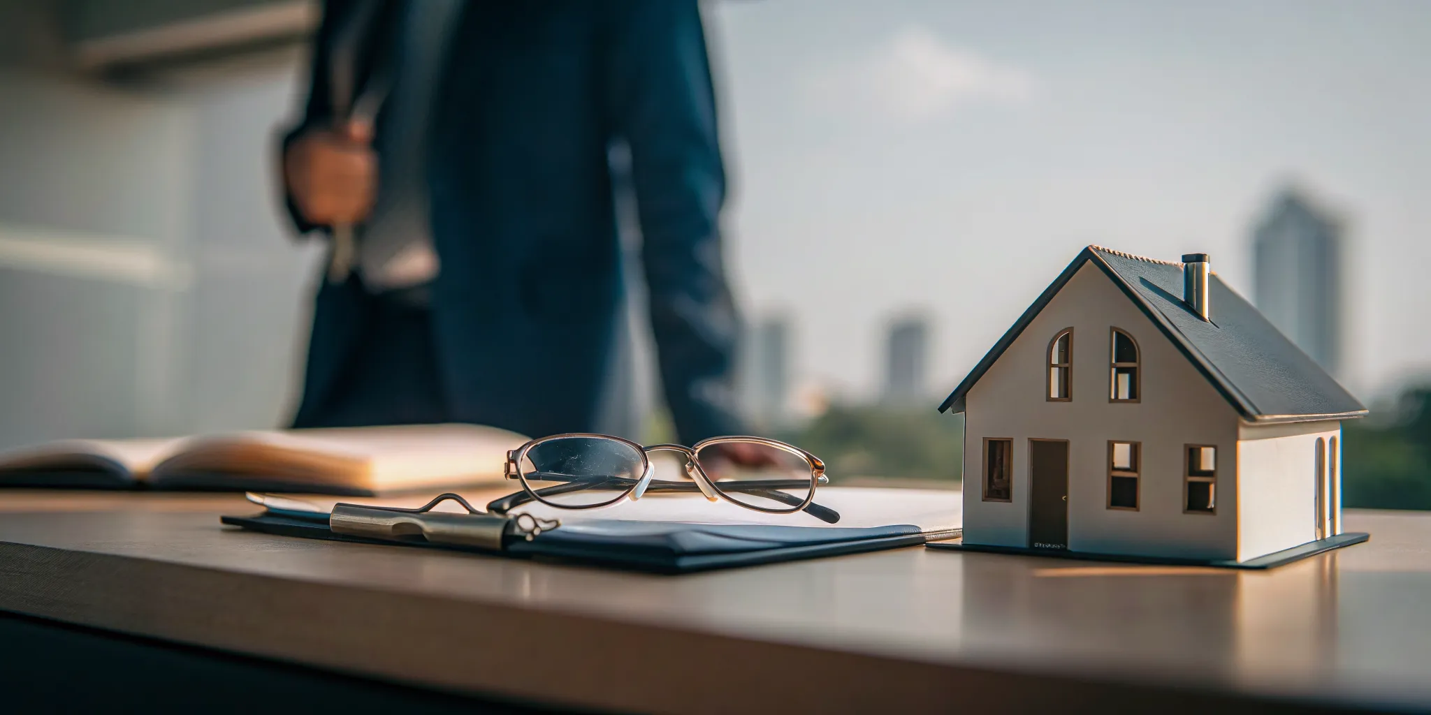 Businessperson with paperwork and a model house, finding an escrow officer for a trust property sale.