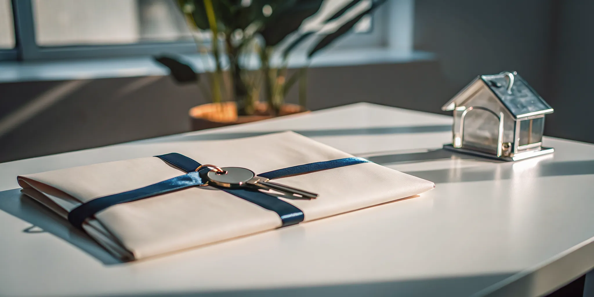 Deed in escrow documents and house keys laid out on a table.