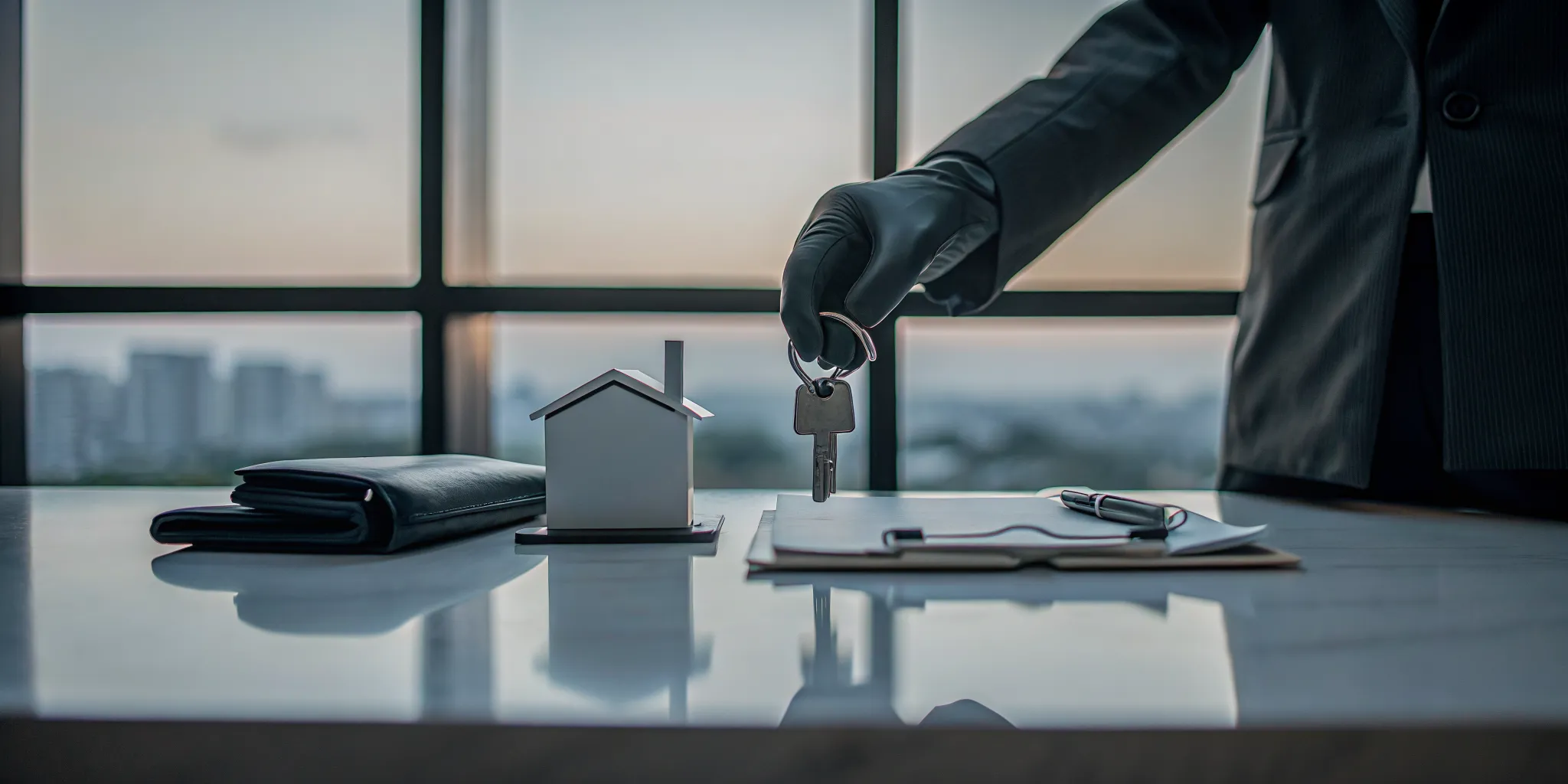 A businessperson completes a white glove escrow closing, handing over house keys next to a contract.