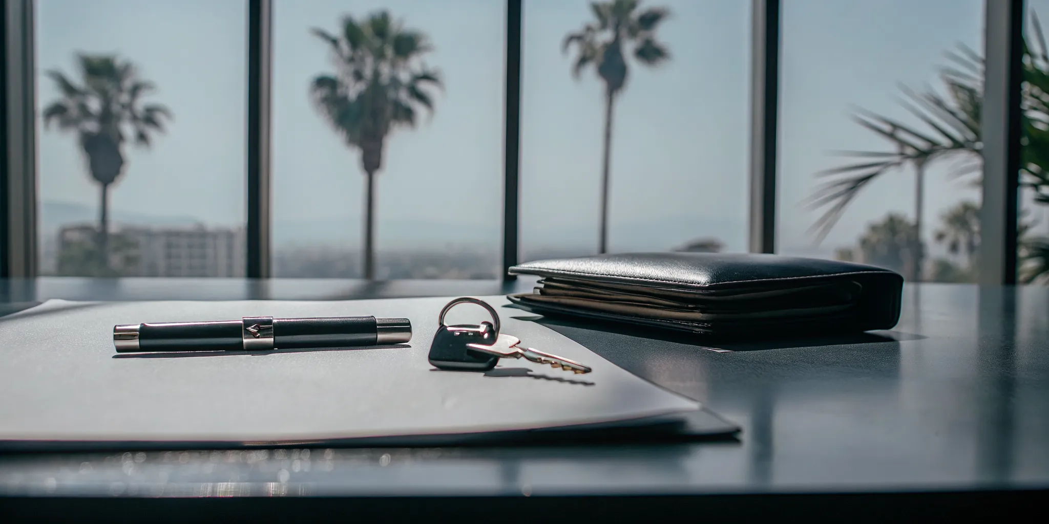 Keys, wallet, and pen on a desk for a California escrow account, guided by state laws.